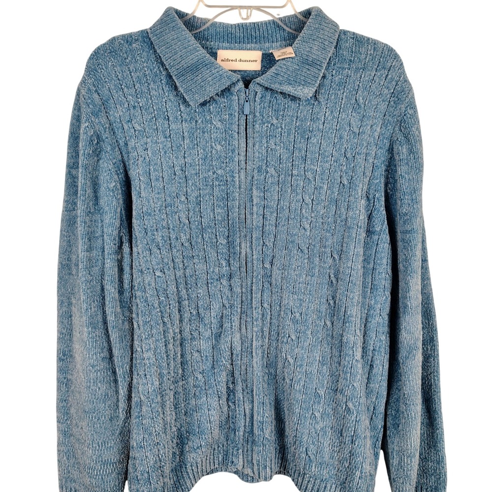Alfred Dunner Womens XL Zip Front Chenille Cardigan Blue Cable Knit Grandmacore